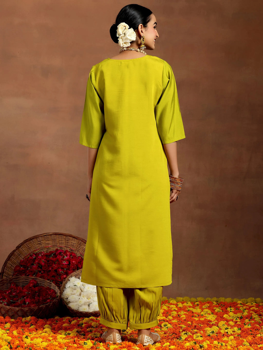  Lime Green Embroidered Silk Blend Straight Kurta Set 