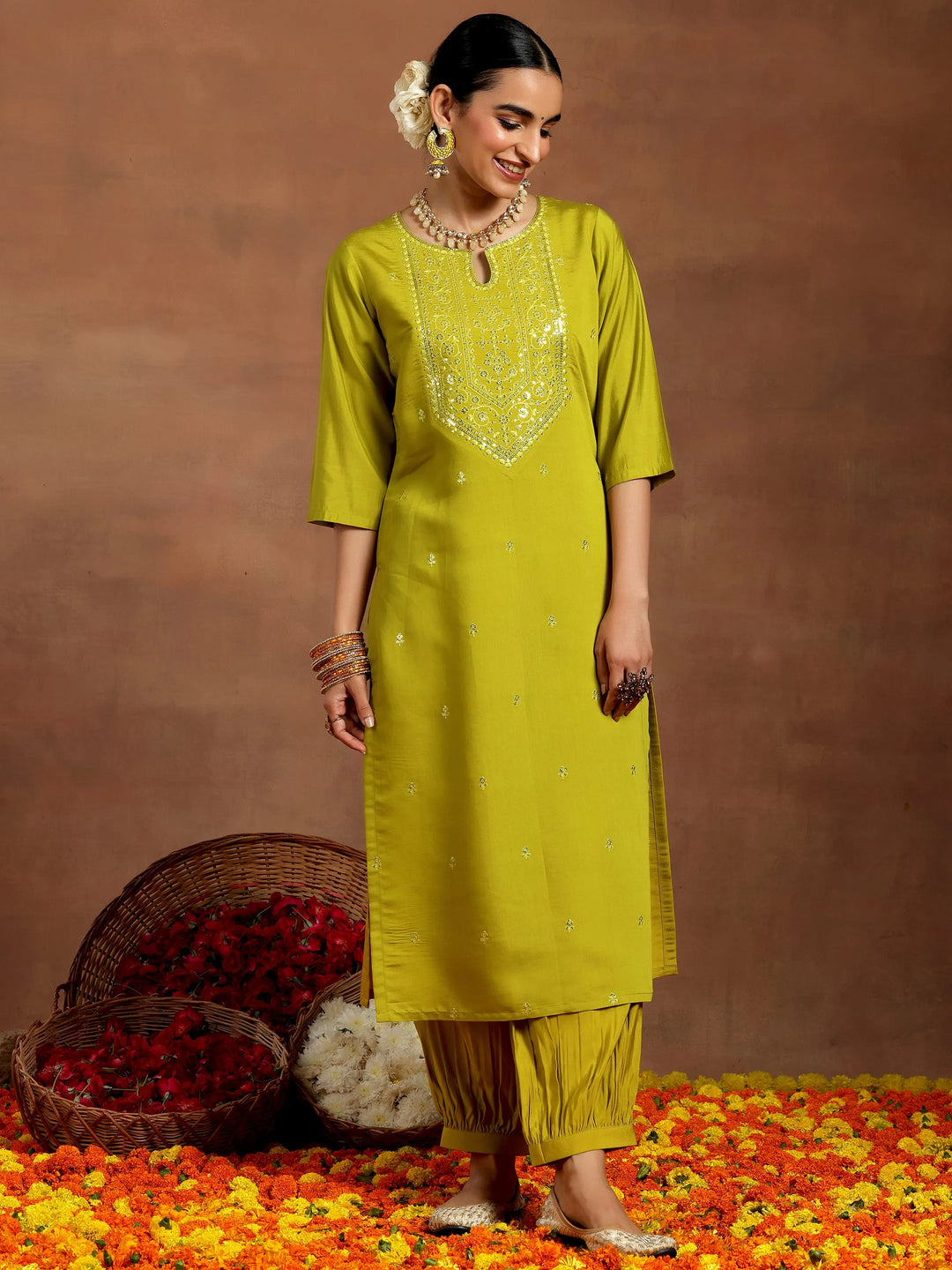  Lime Green Embroidered Silk Blend Straight Kurta Set 