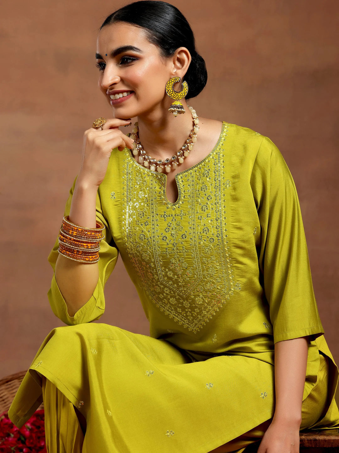  Lime Green Embroidered Silk Blend Straight Kurta Set 