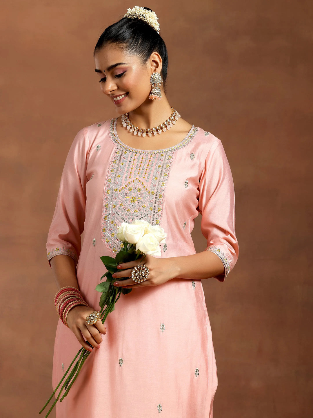  Peach Embroidered Silk Blend Straight Kurta Set 