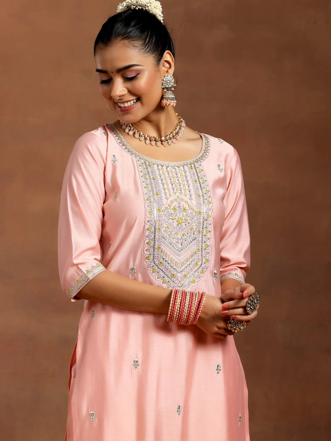  Peach Embroidered Silk Blend Straight Kurta Set 