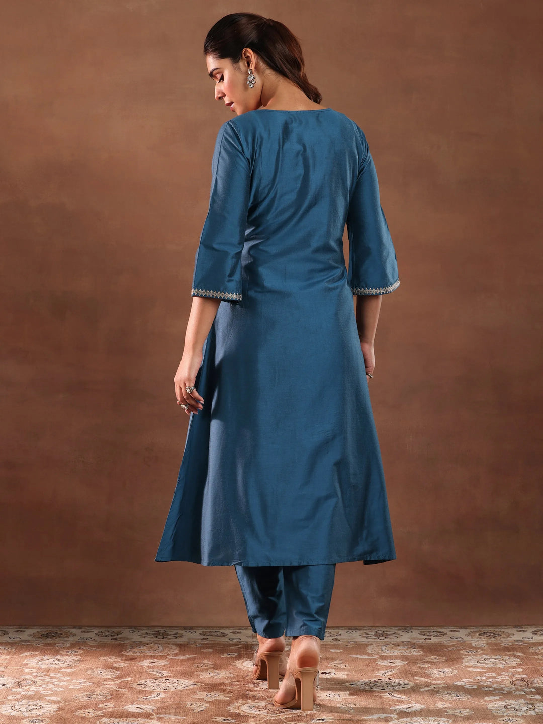  Blue Yoke Design Silk Blend A-Line Kurta With Trousers 