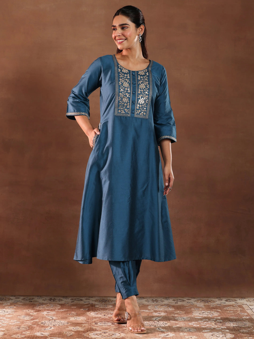  Blue Yoke Design Silk Blend A-Line Kurta With Trousers 