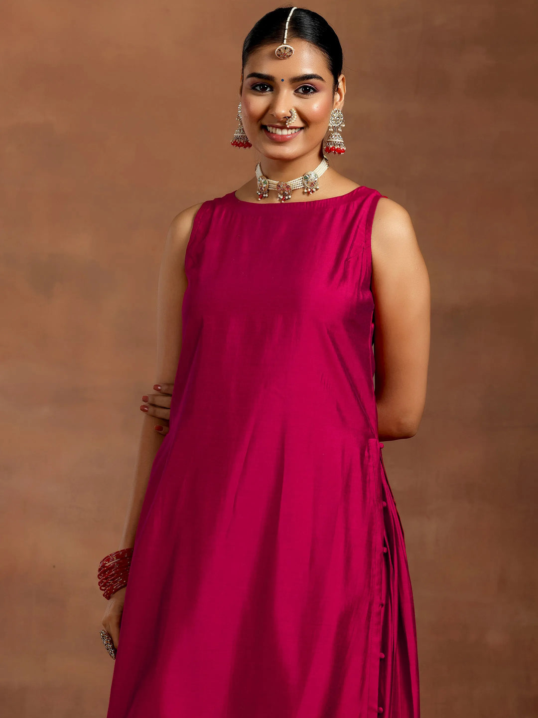  Pink Solid Silk Blend Straight Suit With Dupatta 