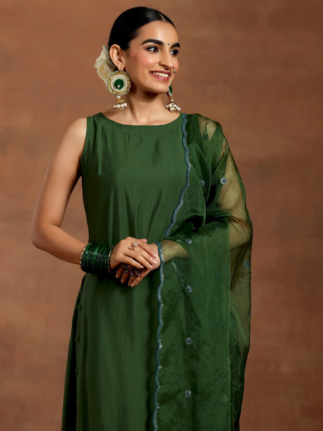  Green Solid Silk Blend Straight Suit With Dupatta 