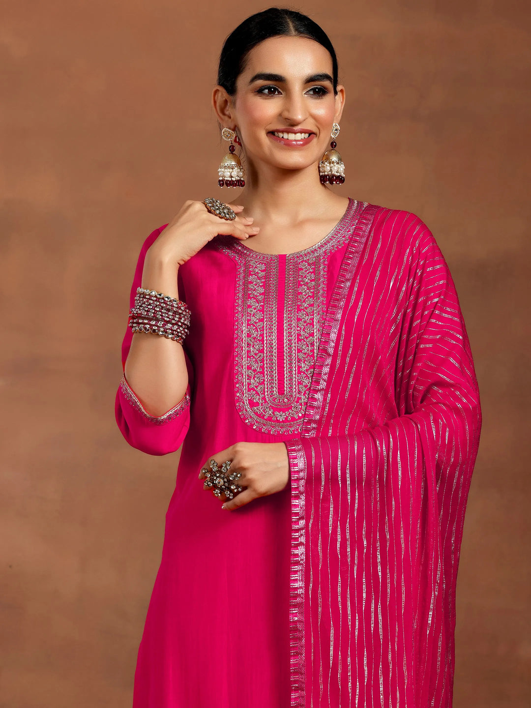  Pink Yoke Design Silk Blend Straight Suit With Dupatta 
