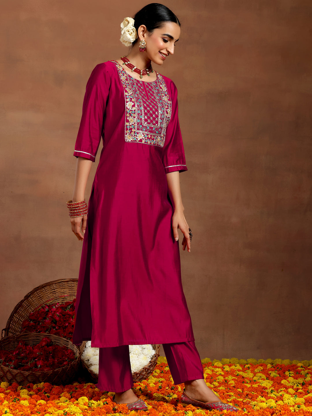  Pink Yoke Design Silk Blend Straight Suit With Dupatta 