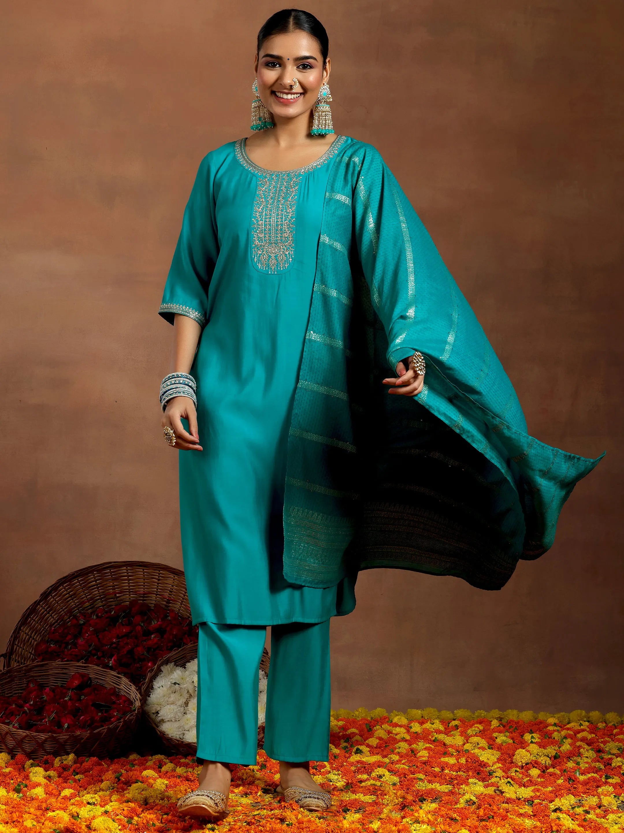 libas Blue Yoke Design Silk Blend Straight Suit With Dupatta-picture-32