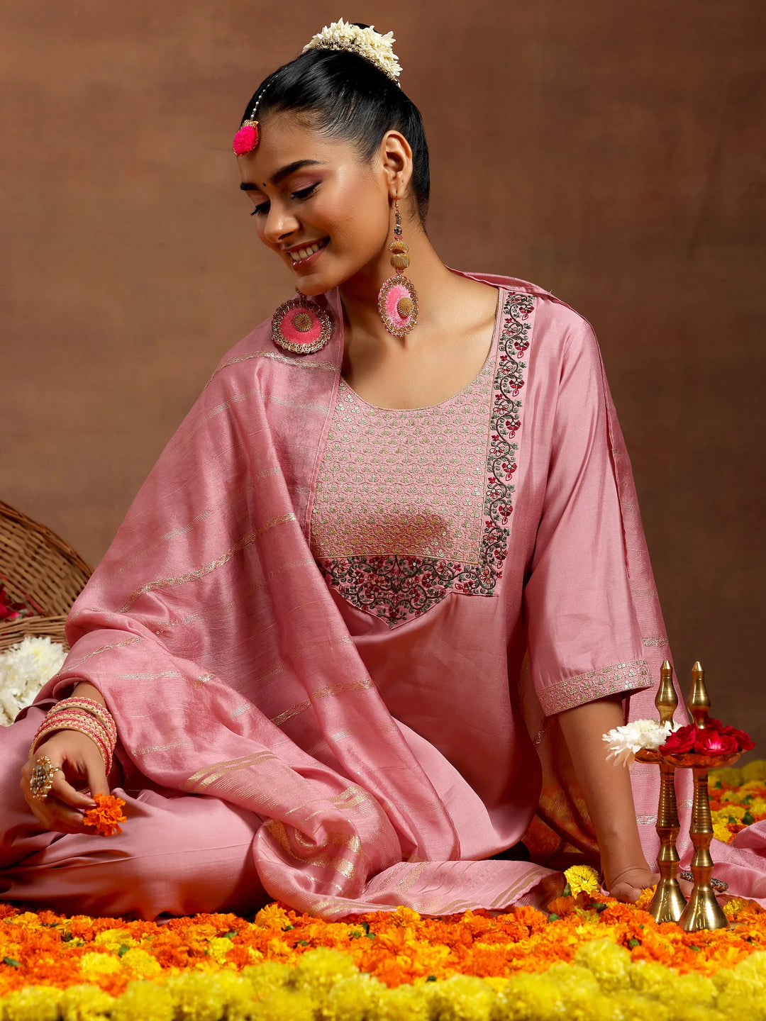  Pink Yoke Design Silk Blend Straight Suit With Dupatta 