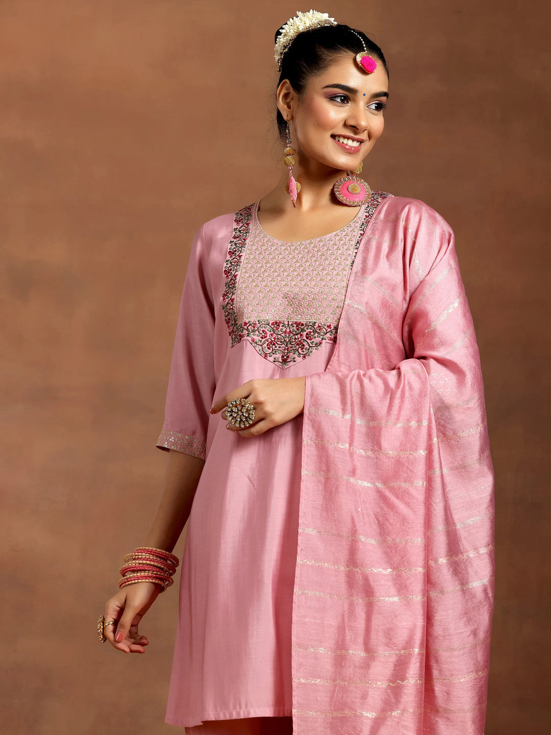  Pink Yoke Design Silk Blend Straight Suit With Dupatta 