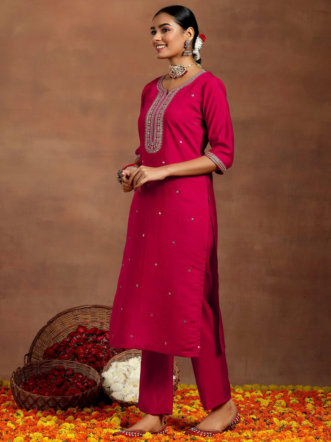  Red Yoke Design Silk Blend Straight Suit With Dupatta 