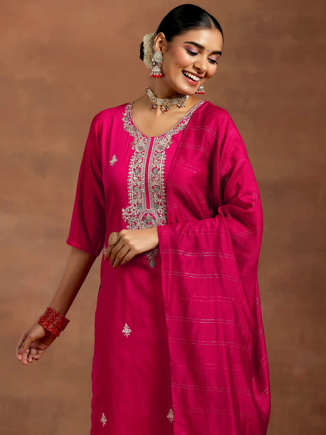  Pink Yoke Design Silk Blend Straight Suit With Dupatta 