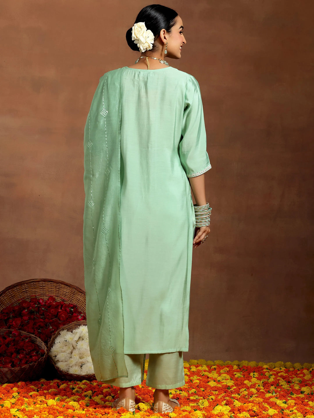  Green Embroidered Silk Blend Straight Suit With Dupatta 