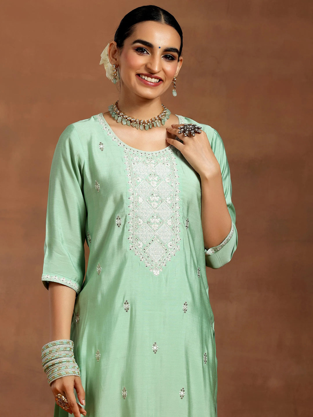  Green Embroidered Silk Blend Straight Suit With Dupatta 