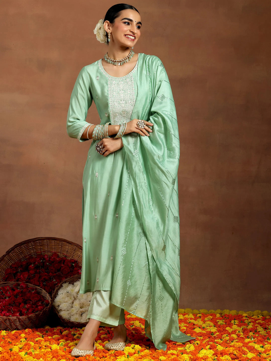  Green Embroidered Silk Blend Straight Suit With Dupatta 