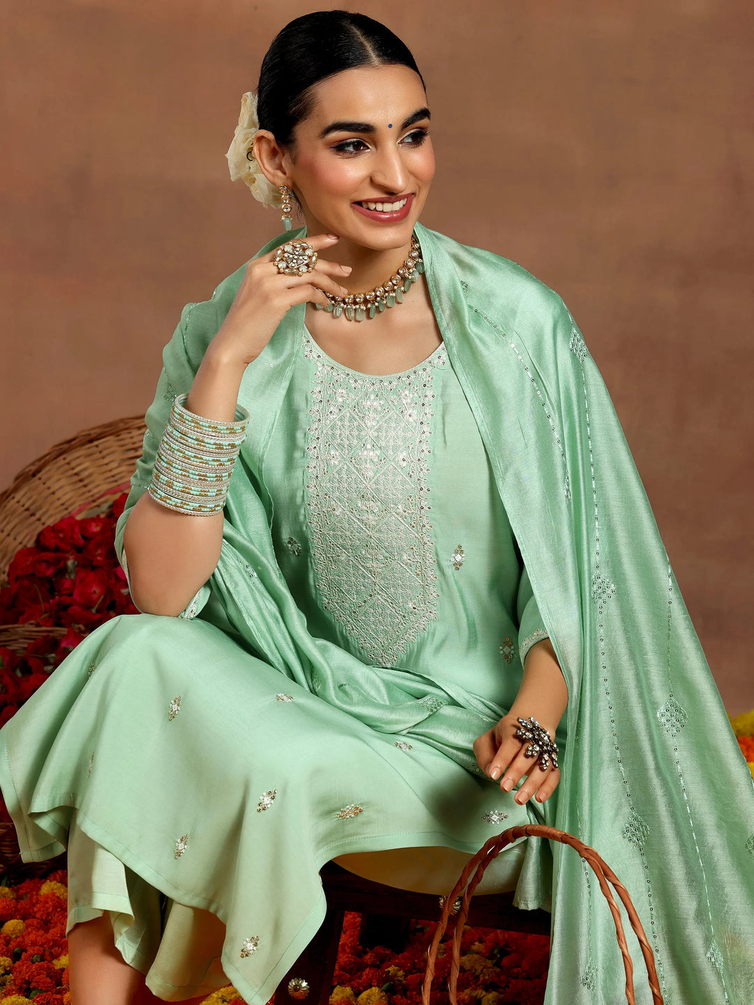  Green Embroidered Silk Blend Straight Suit With Dupatta 