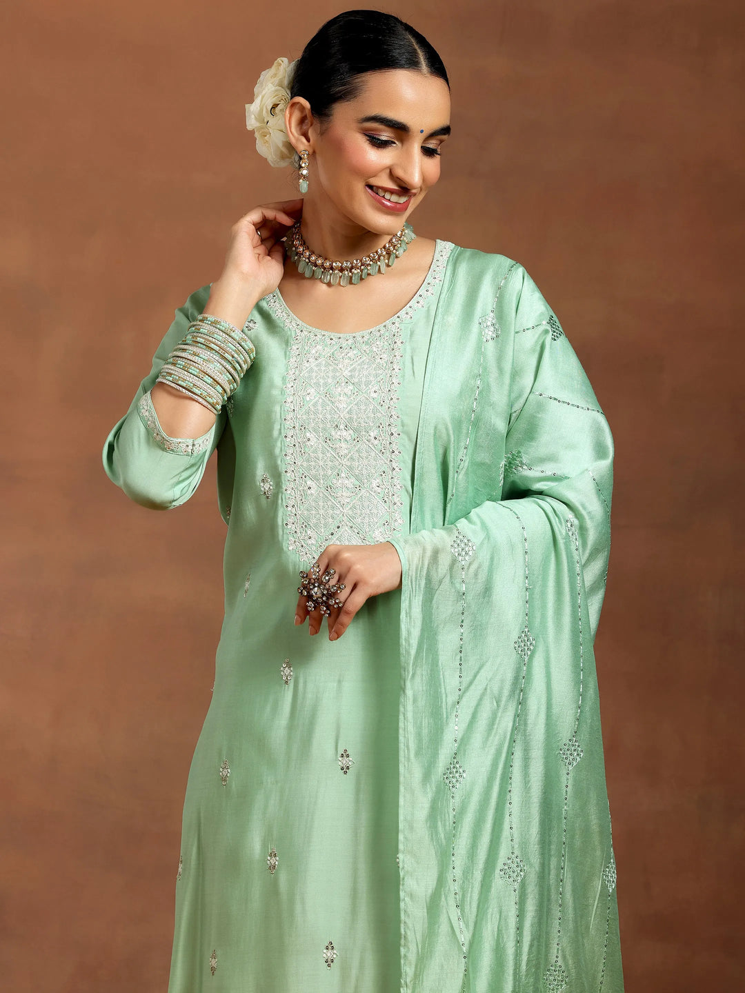  Green Embroidered Silk Blend Straight Suit With Dupatta 