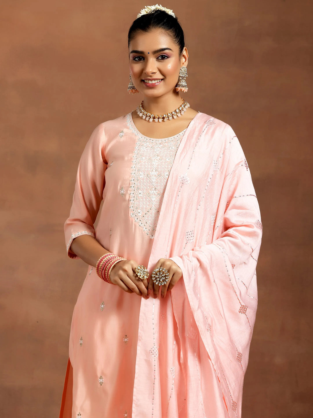  Peach Yoke Design Silk Blend Straight Suit With Dupatta 