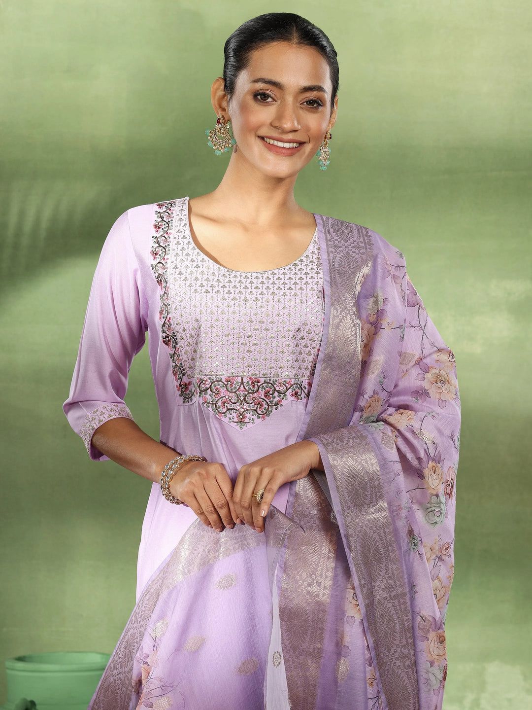  Lavender Yoke Design Silk Blend Straight Suit With Dupatta 
