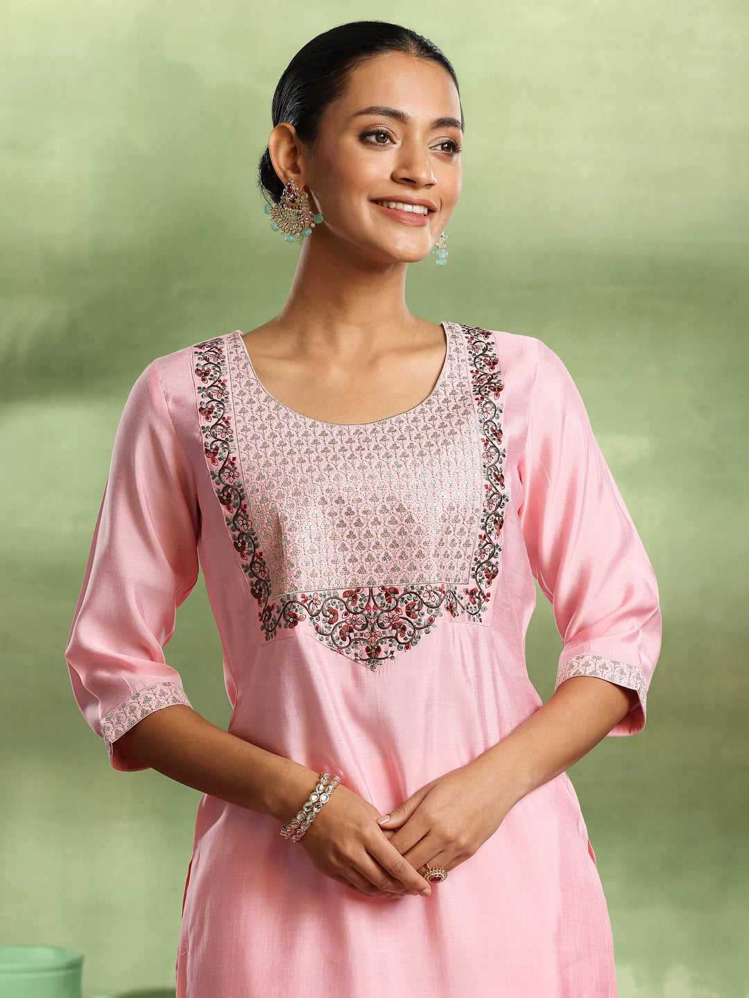  Pink Yoke Design Silk Blend Straight Suit With Dupatta 