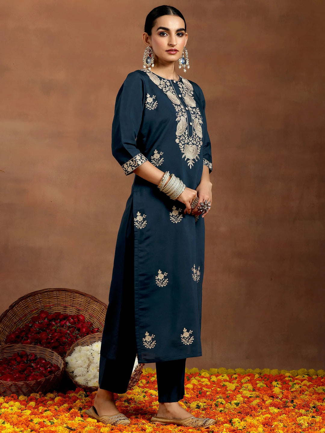  Blue Yoke Design Silk Blend Straight Suit With Dupatta 