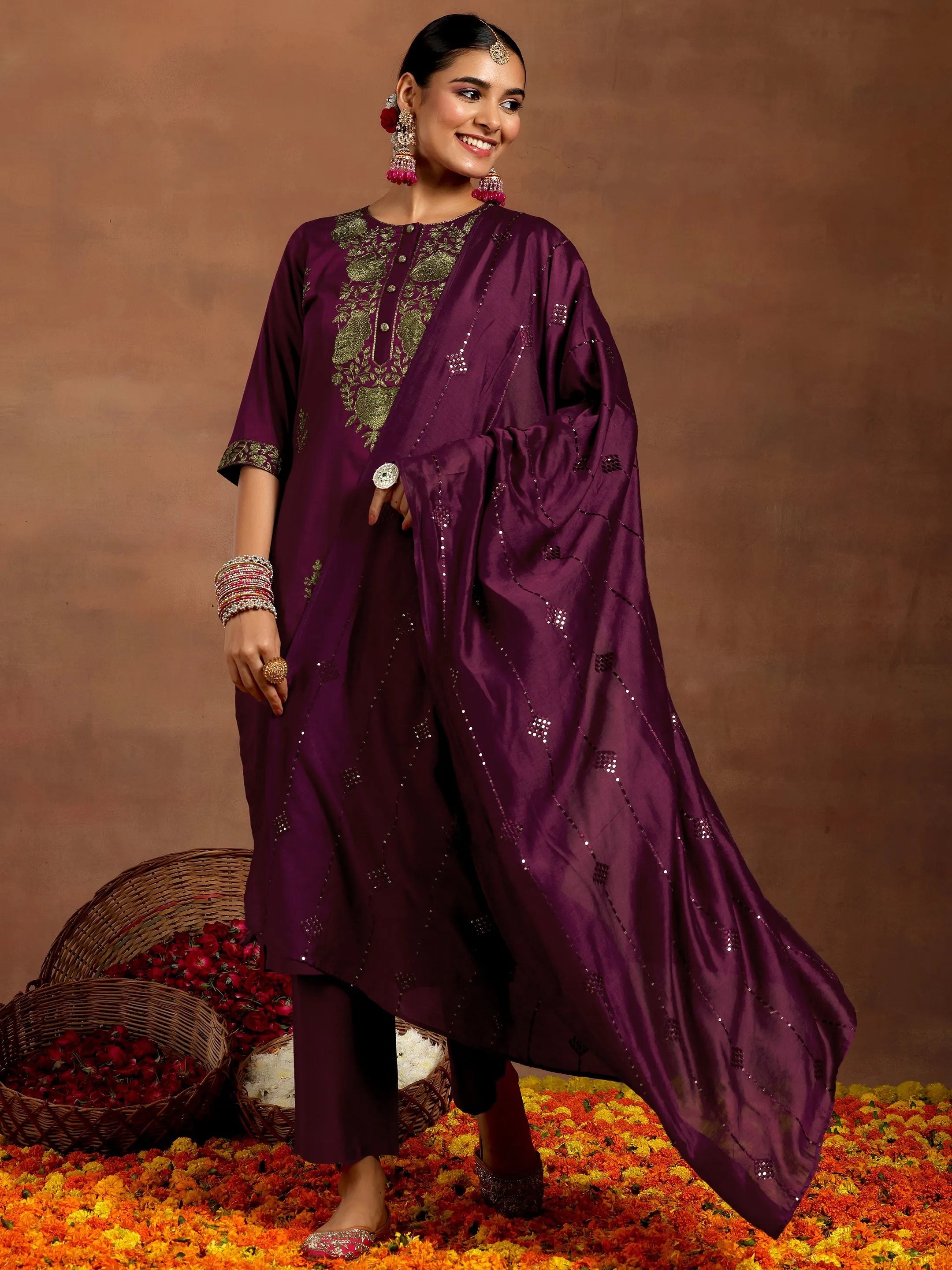 libas Burgundy Yoke Design Silk Blend Straight Suit With Dupatta-picture-42