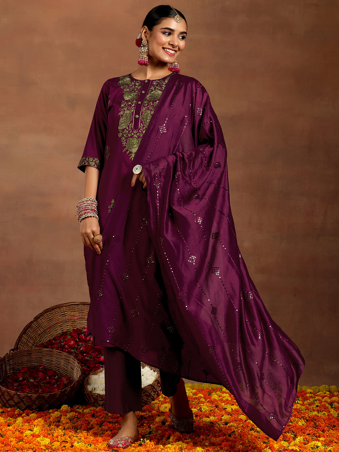libas Burgundy Yoke Design Silk Blend Straight Suit With Dupatta-picture-11