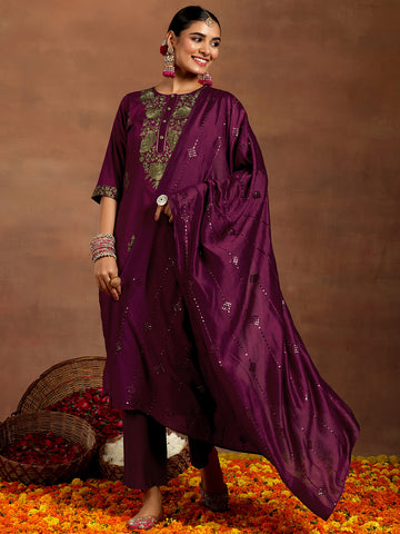 Burgundy Yoke Design Silk Blend Straight Suit With Dupatta