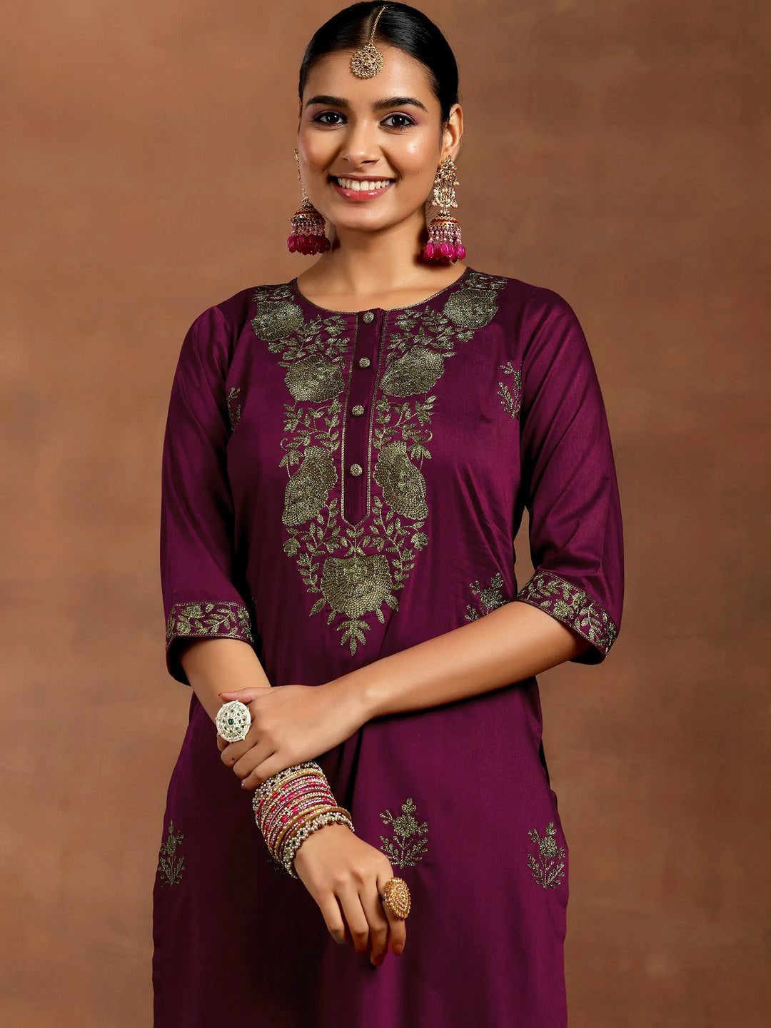  Burgundy Yoke Design Silk Blend Straight Suit With Dupatta 
