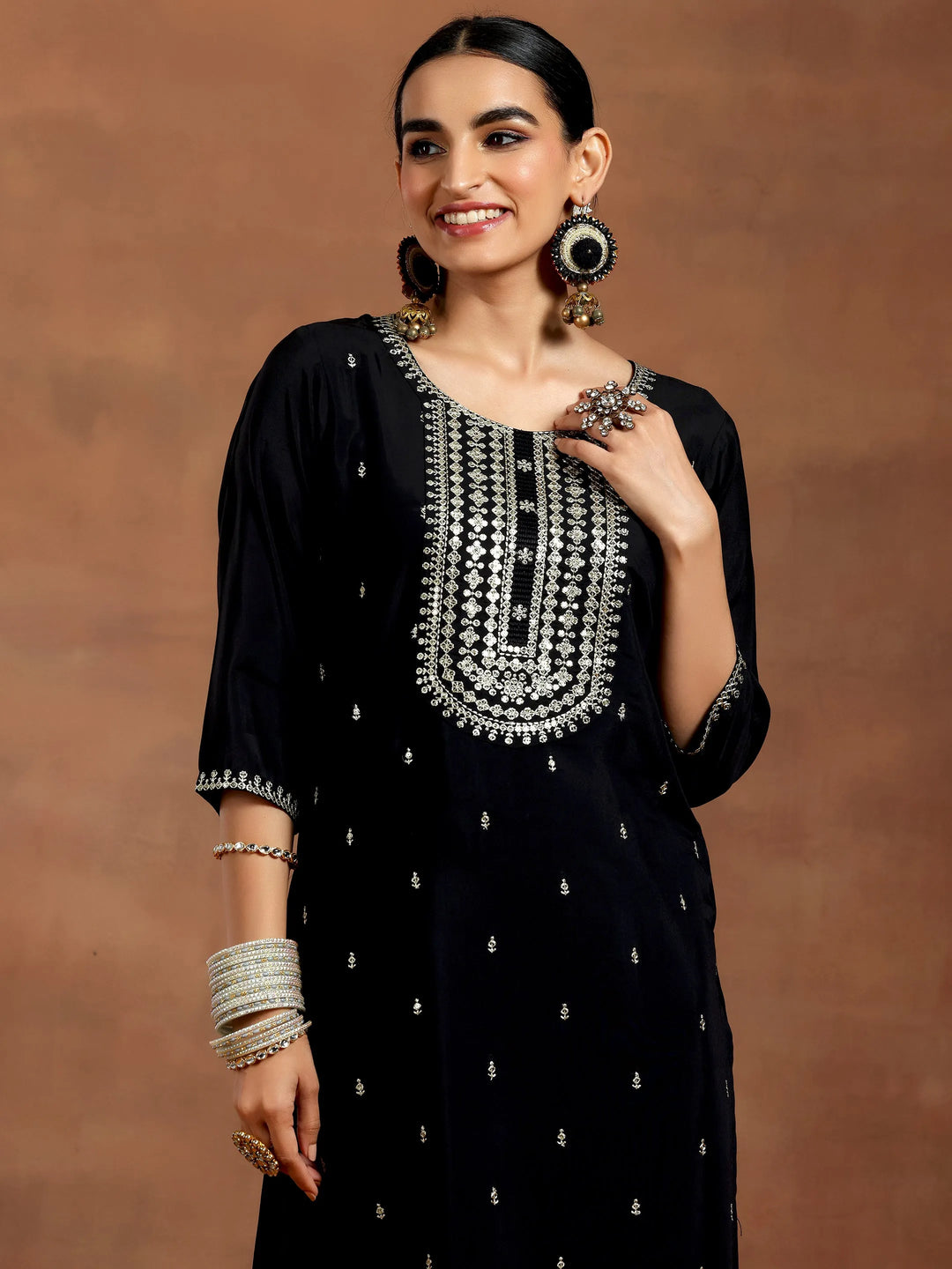  Black Embroidered Silk Blend Straight Suit With Dupatta 