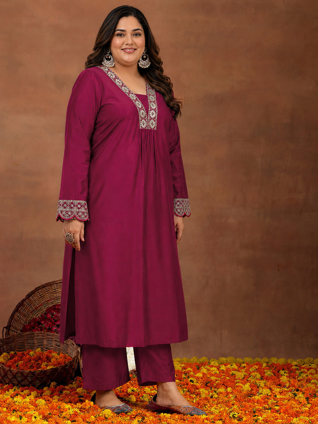  Plus Size Maroon Yoke Design Silk Blend Straight Kurta Set 