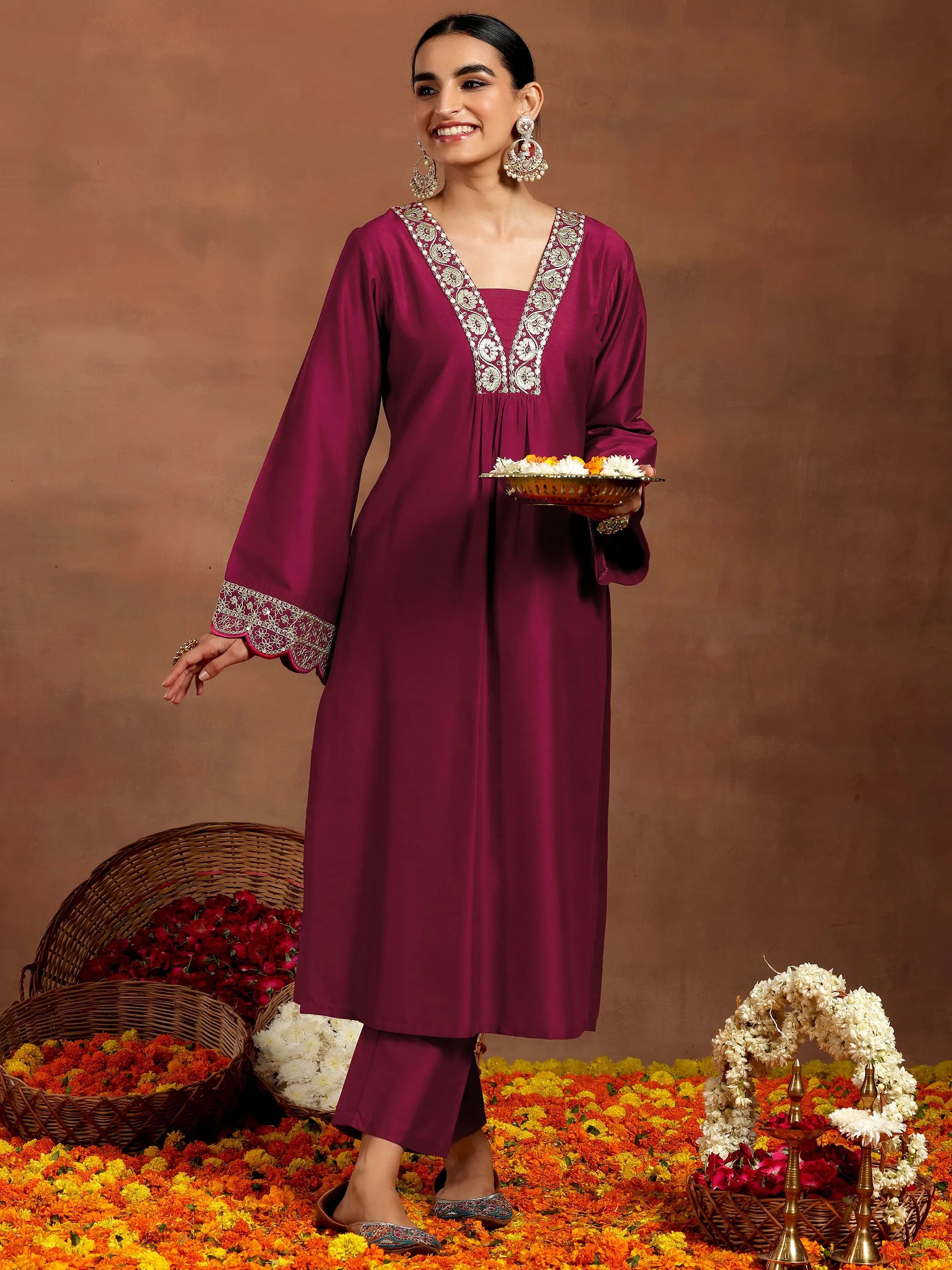 libas Maroon Yoke Design Silk Blend Straight Kurta Set-picture-63