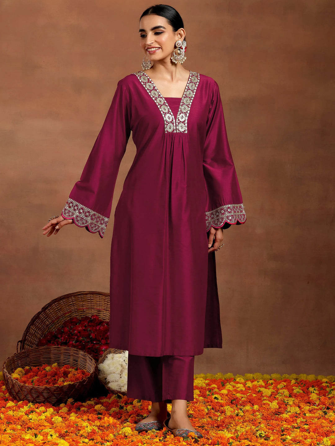  Maroon Yoke Design Silk Blend Straight Kurta Set 