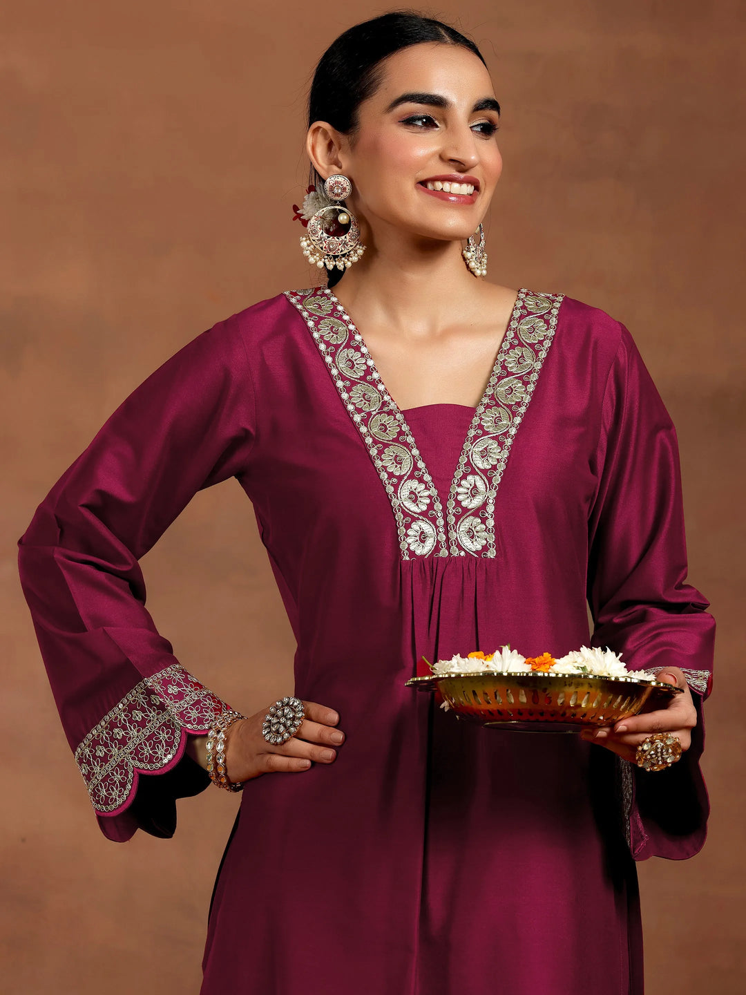  Maroon Yoke Design Silk Blend Straight Kurta Set 