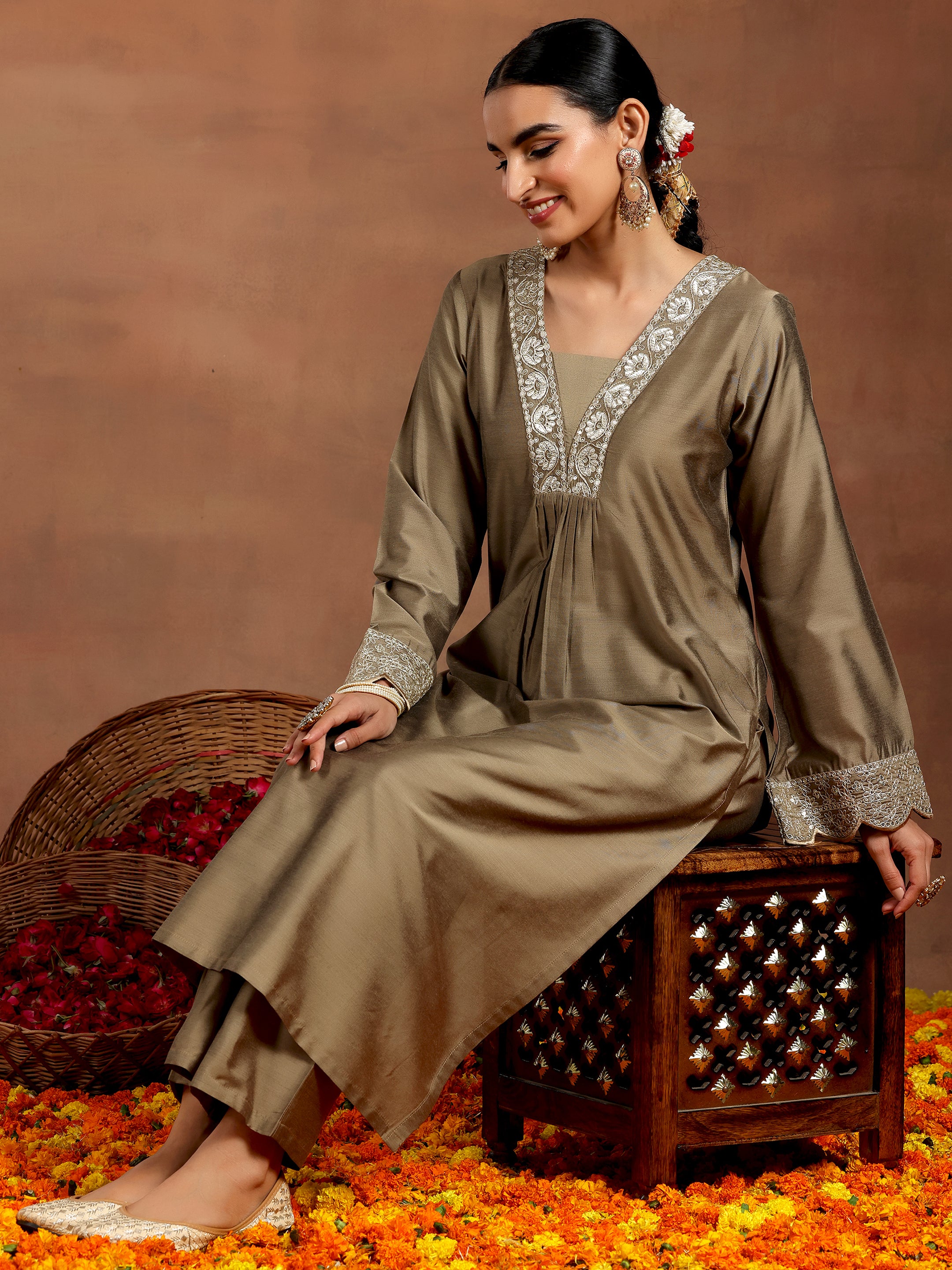 libas Gold Yoke Design Silk Blend Straight Kurta Set-picture-39