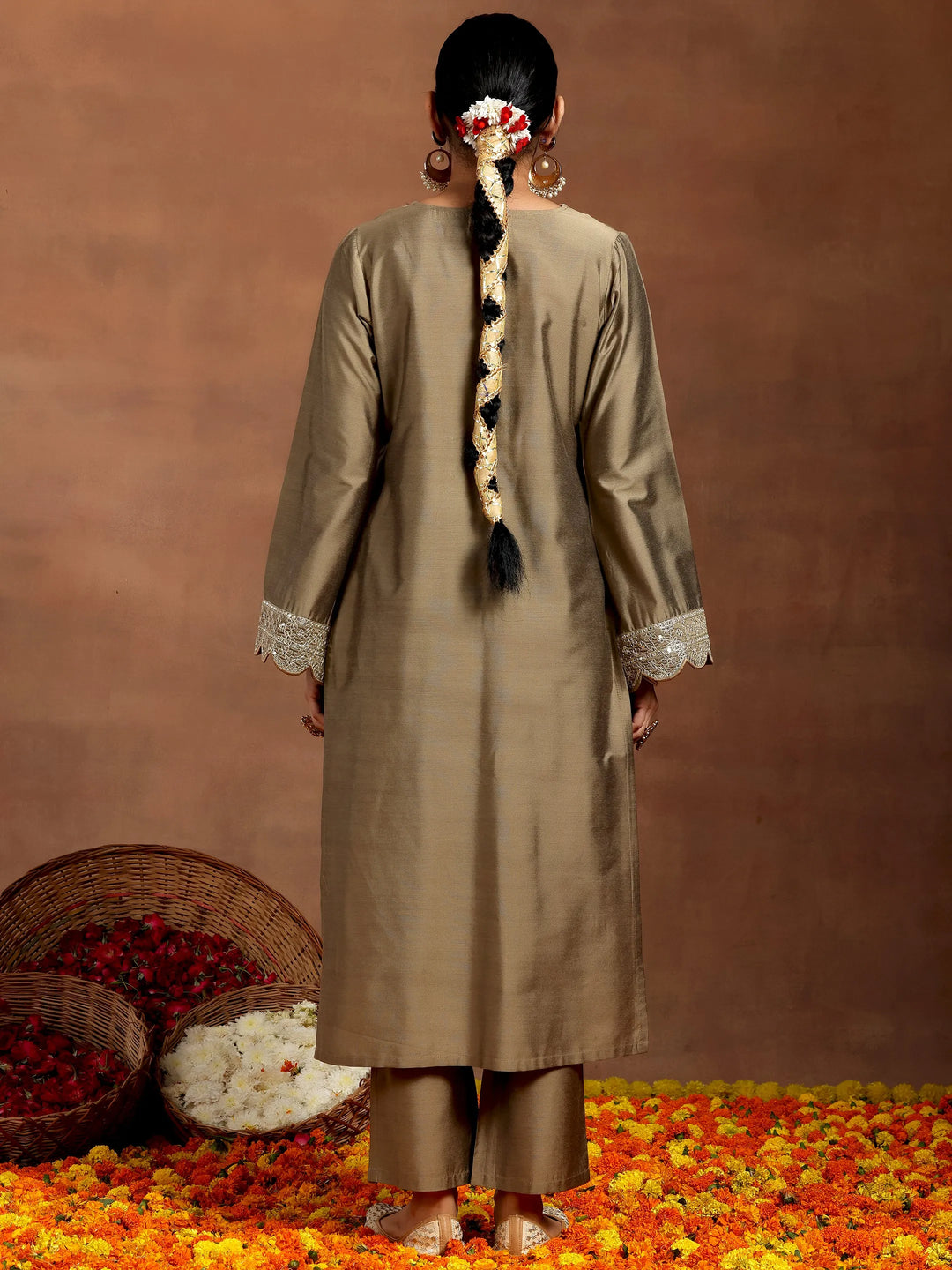  Gold Yoke Design Silk Blend Straight Kurta Set 