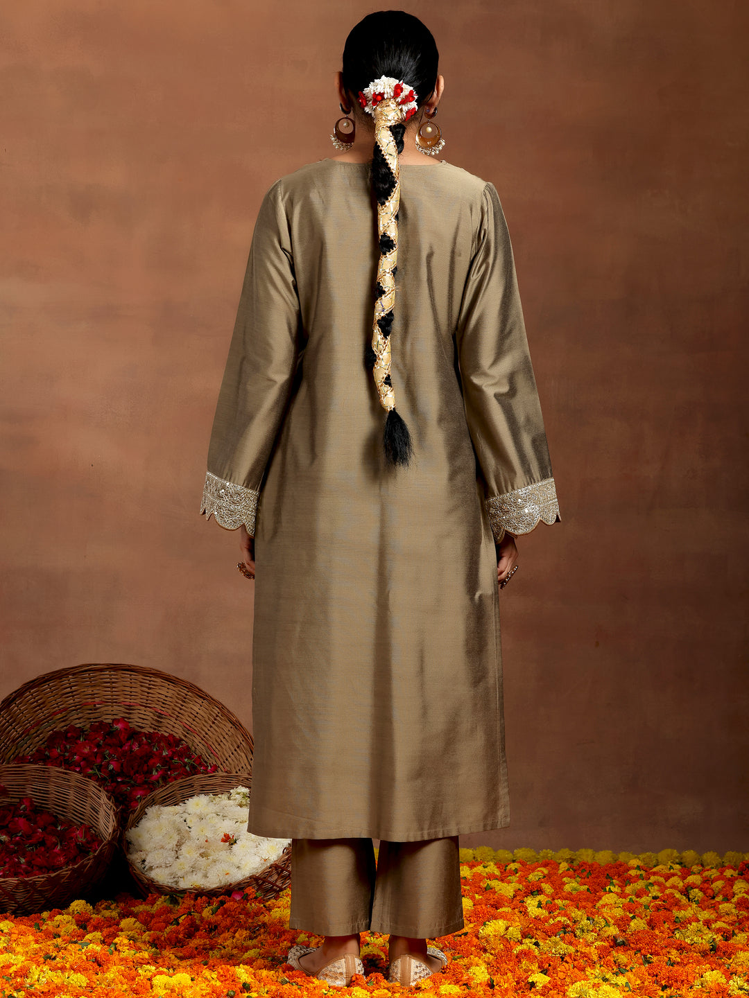  Gold Yoke Design Silk Blend Straight Kurta Set 