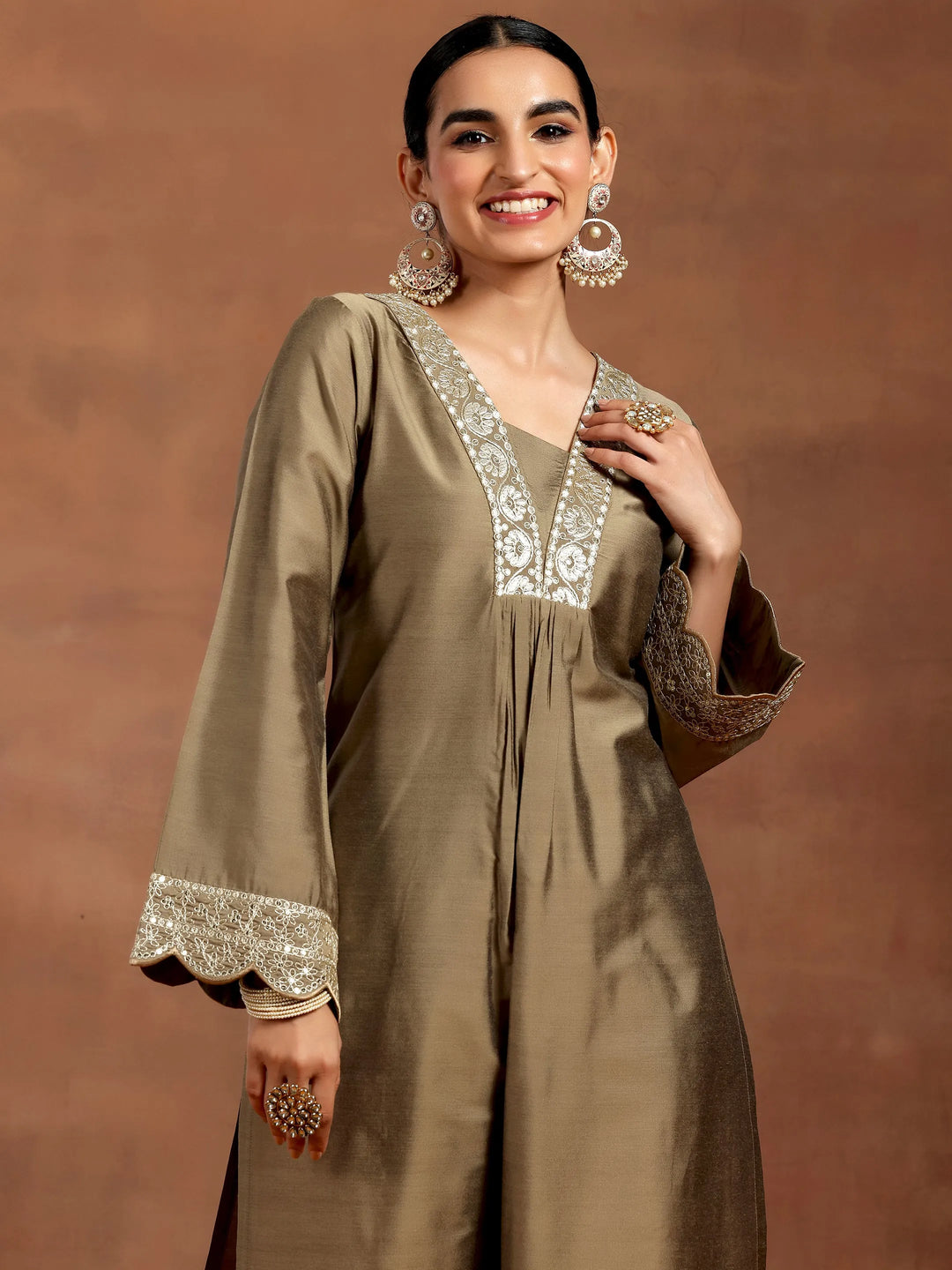  Gold Yoke Design Silk Blend Straight Kurta Set 