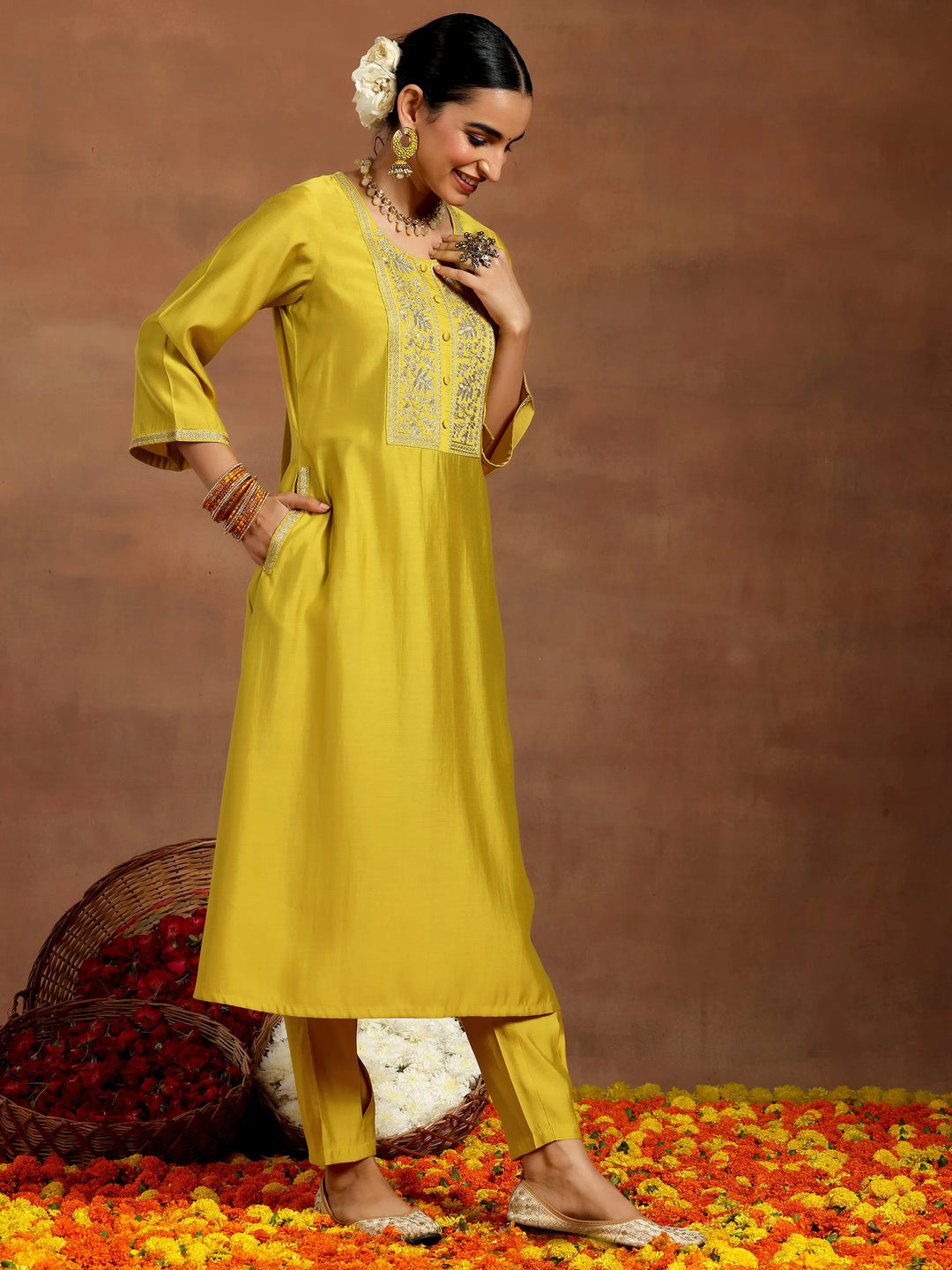  Mustard Yoke Design Silk Blend A-Line Kurta With Trousers 