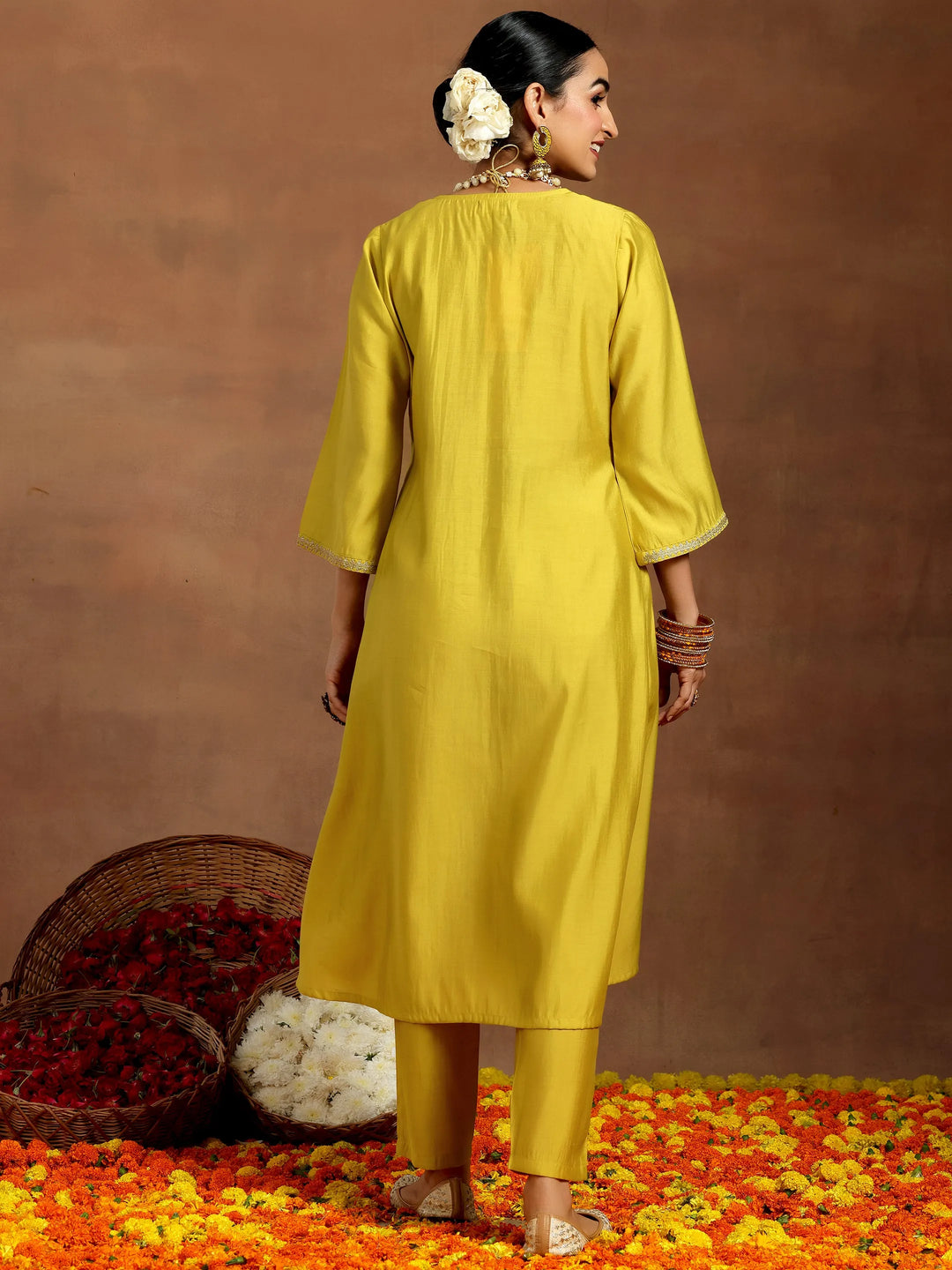  Mustard Yoke Design Silk Blend A-Line Kurta With Trousers 
