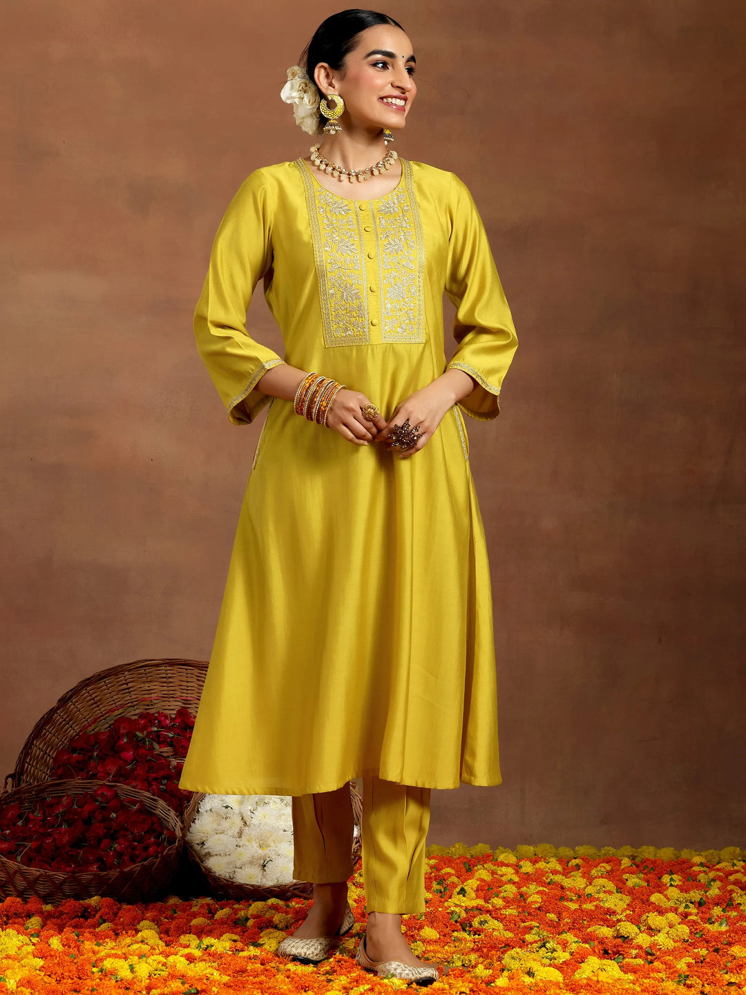  Mustard Yoke Design Silk Blend A-Line Kurta With Trousers 