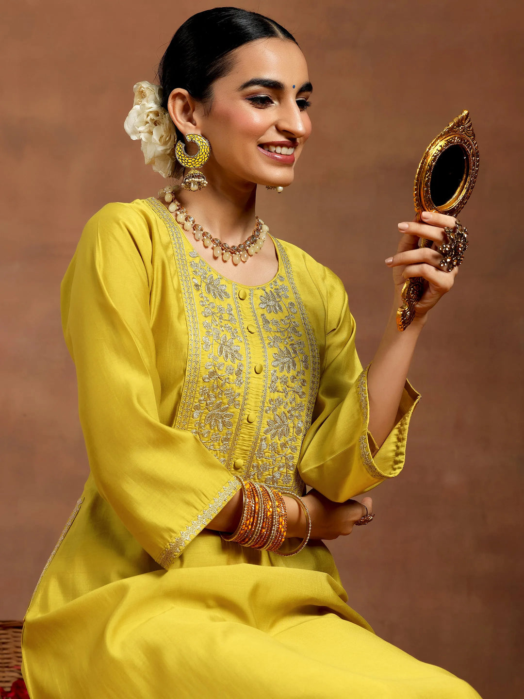 Mustard Yoke Design Silk Blend A-Line Kurta With Trousers 