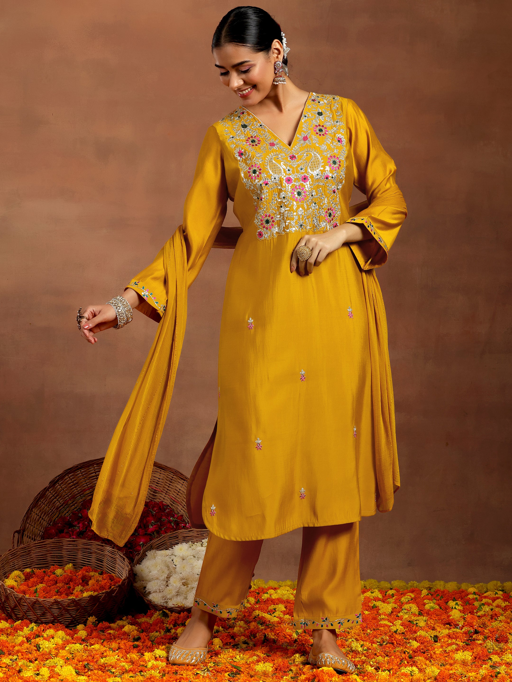libas Mustard Embroidered Silk Blend Straight Suit With Dupatta-picture-34
