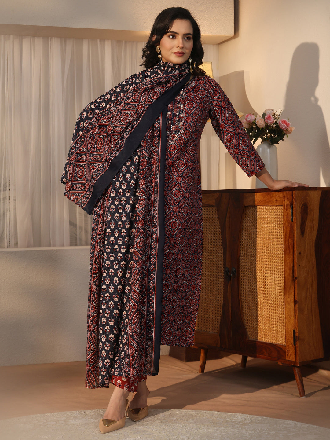  Gerua Blue Ajrakh Printed Straight Suit Set 