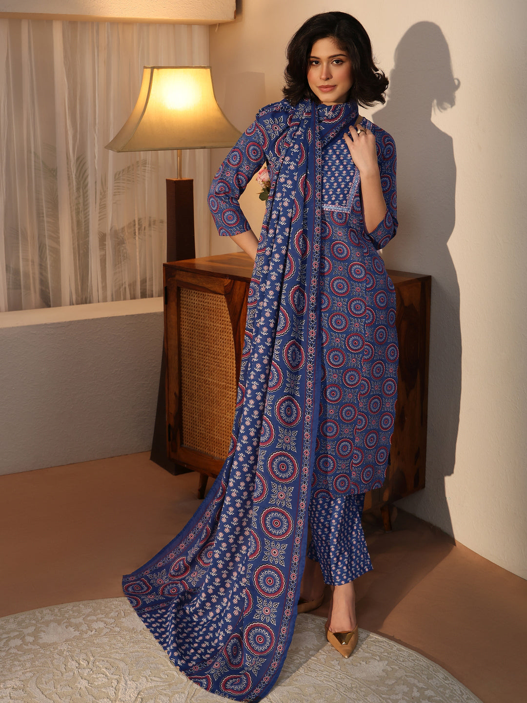  Gerua Blue Ethnic Printed Straight Suit Set 