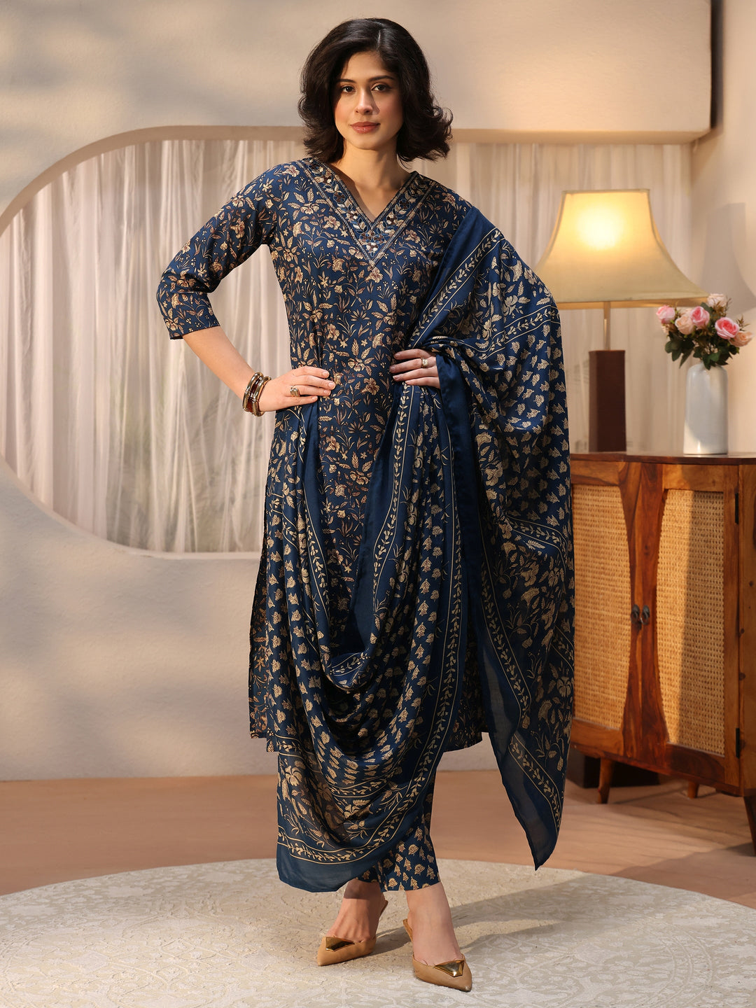  Gerua Blue Floral Printed Straight Suit Set 