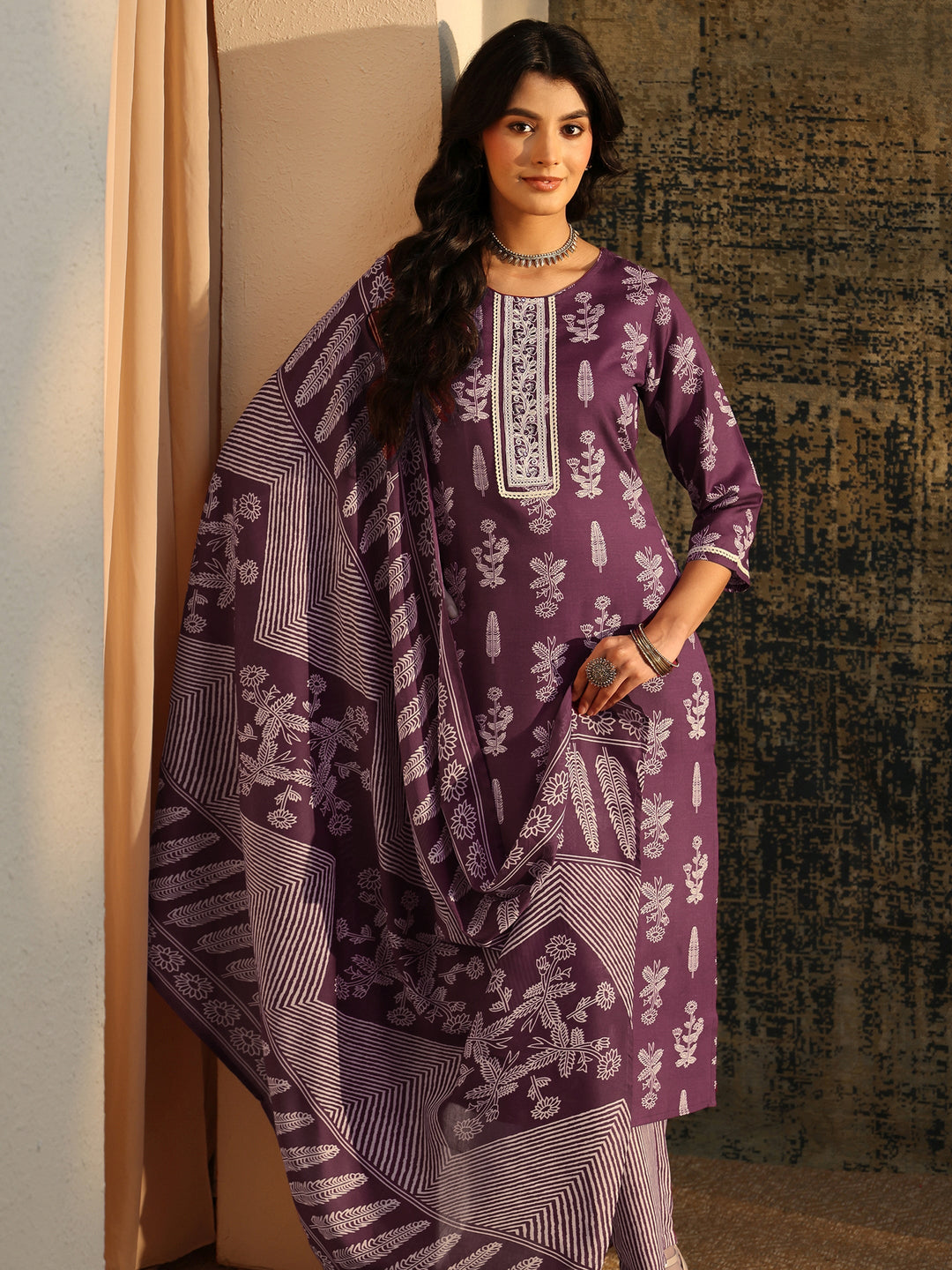  Gerua Burgundy Floral Printed Cotton Blend Straight Suit Set 