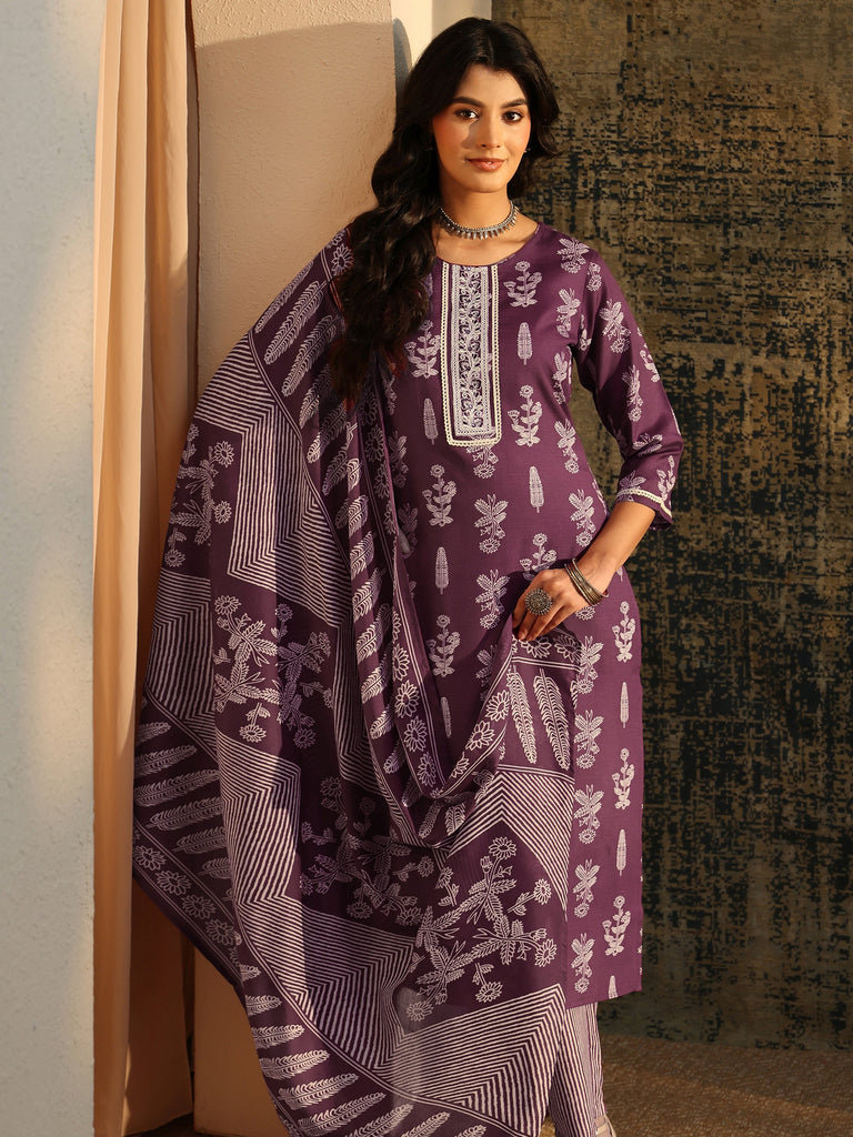 Gerua Burgundy Floral Printed Cotton Blend Straight Suit Set