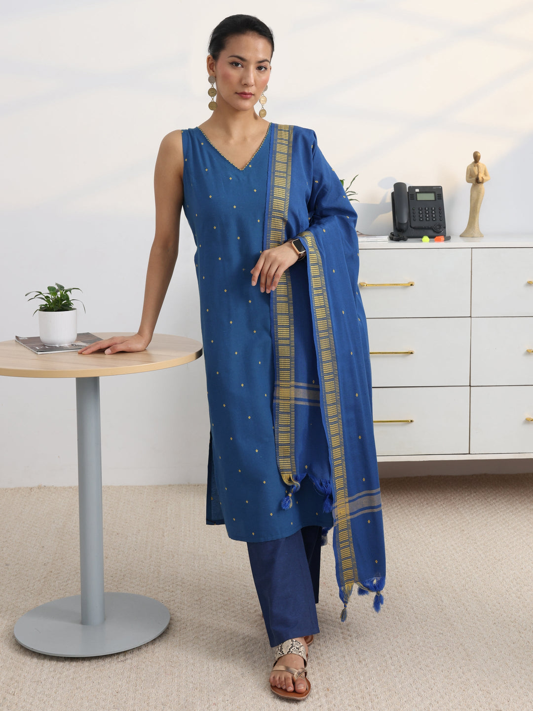  Gerua Cobalt Blue Cotton Blend Straight Suit Set 
