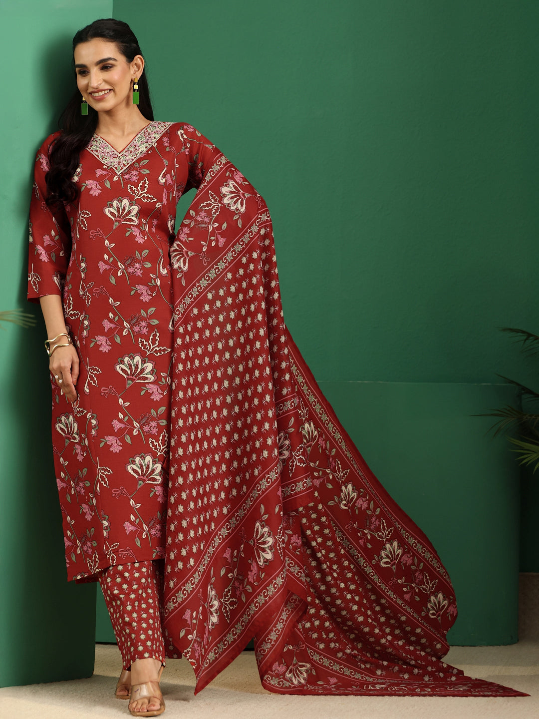  Gerua Crimson Red Floral Printed Cotton Blend A-Line Suit Set 